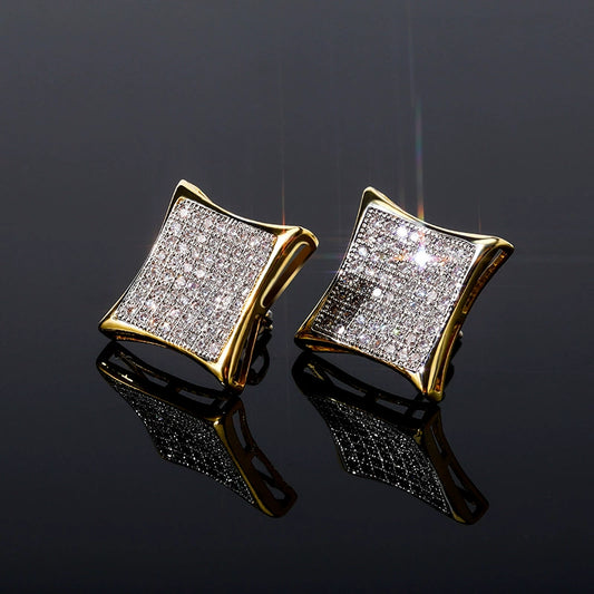 Square full-cut zirconia stud earrings, electroplated with real gold