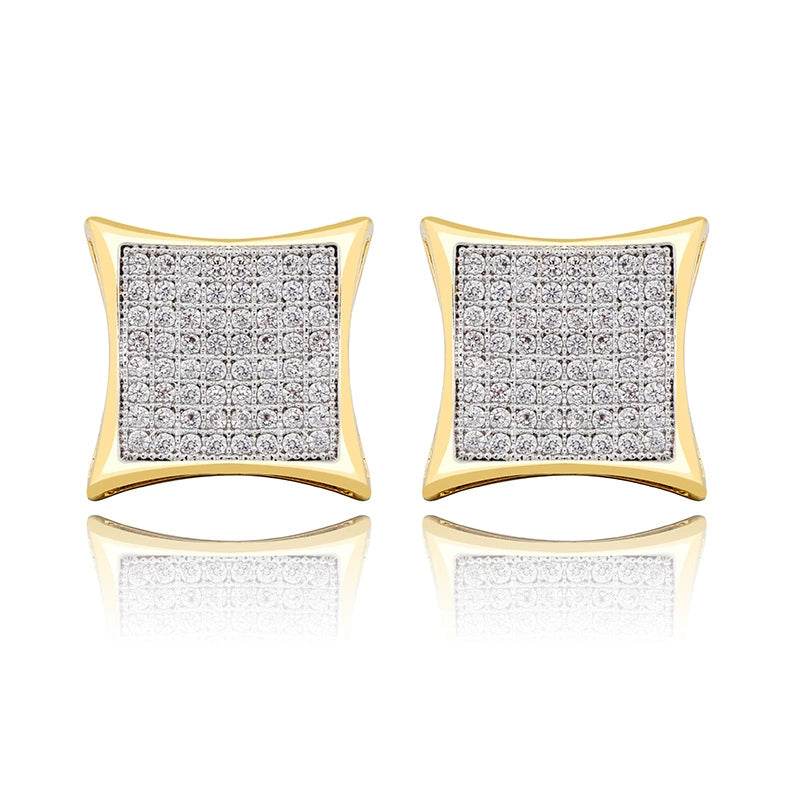 Square full-cut zirconia stud earrings, electroplated with real gold