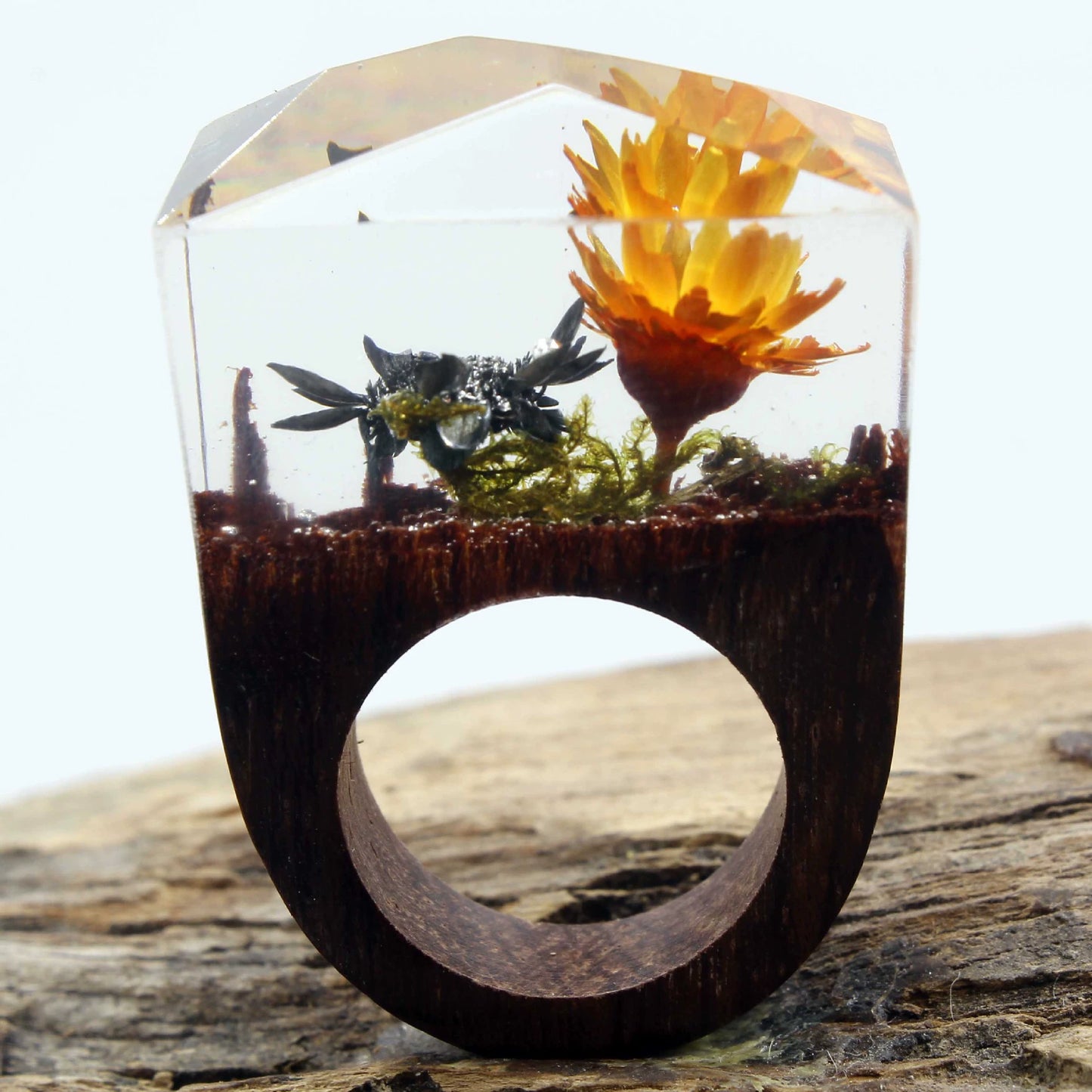 Log real dried flower ring, pastoral style, creative jewelry