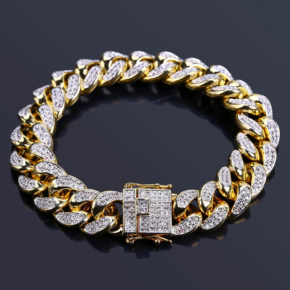 A Cuban chain with micro-set zirconia jewelry clasps, 14mm, hand chain