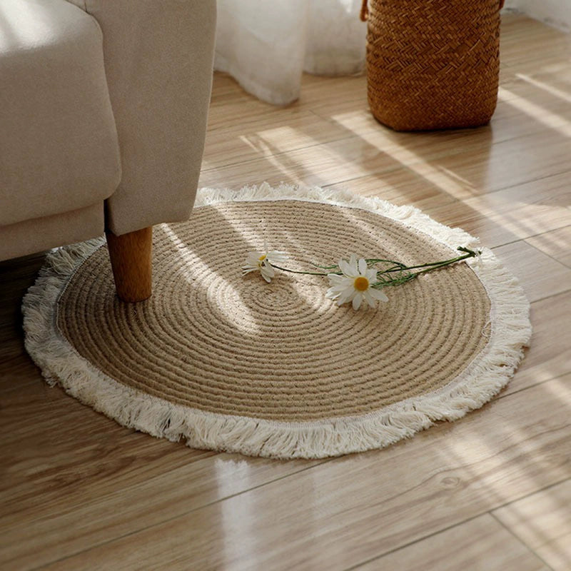 Cotton and linen woven fringed floor mat, round