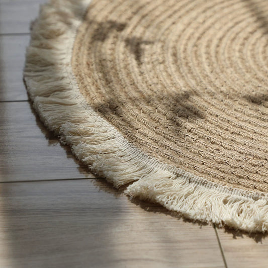 Cotton and linen woven fringed floor mat, round