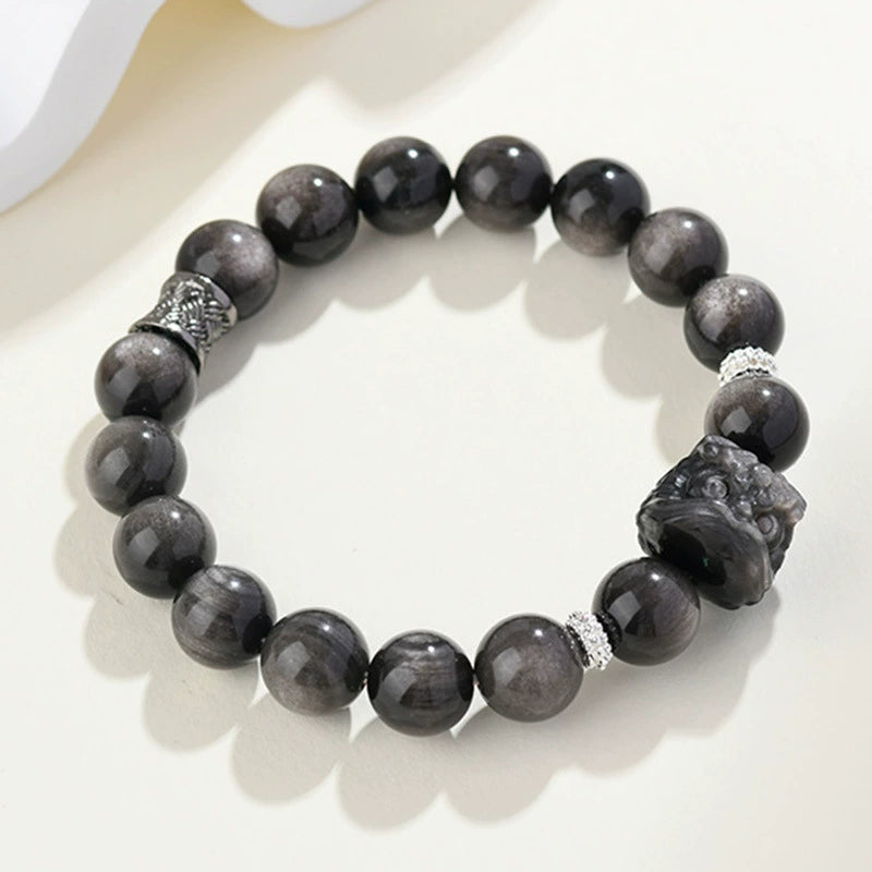 Natural obsidian bracelet, lion head