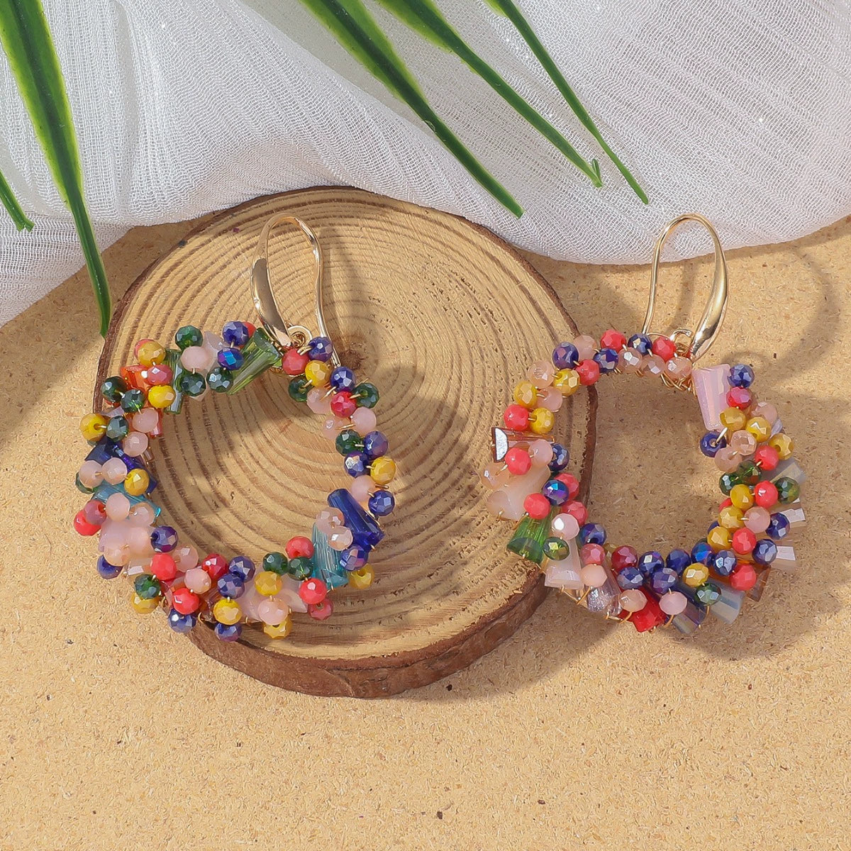 Boho hand-woven rice bead earrings, irregular beaded color contrast