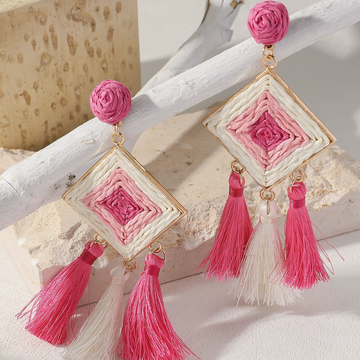 Bohemian earrings, vintage, fringe, geometry